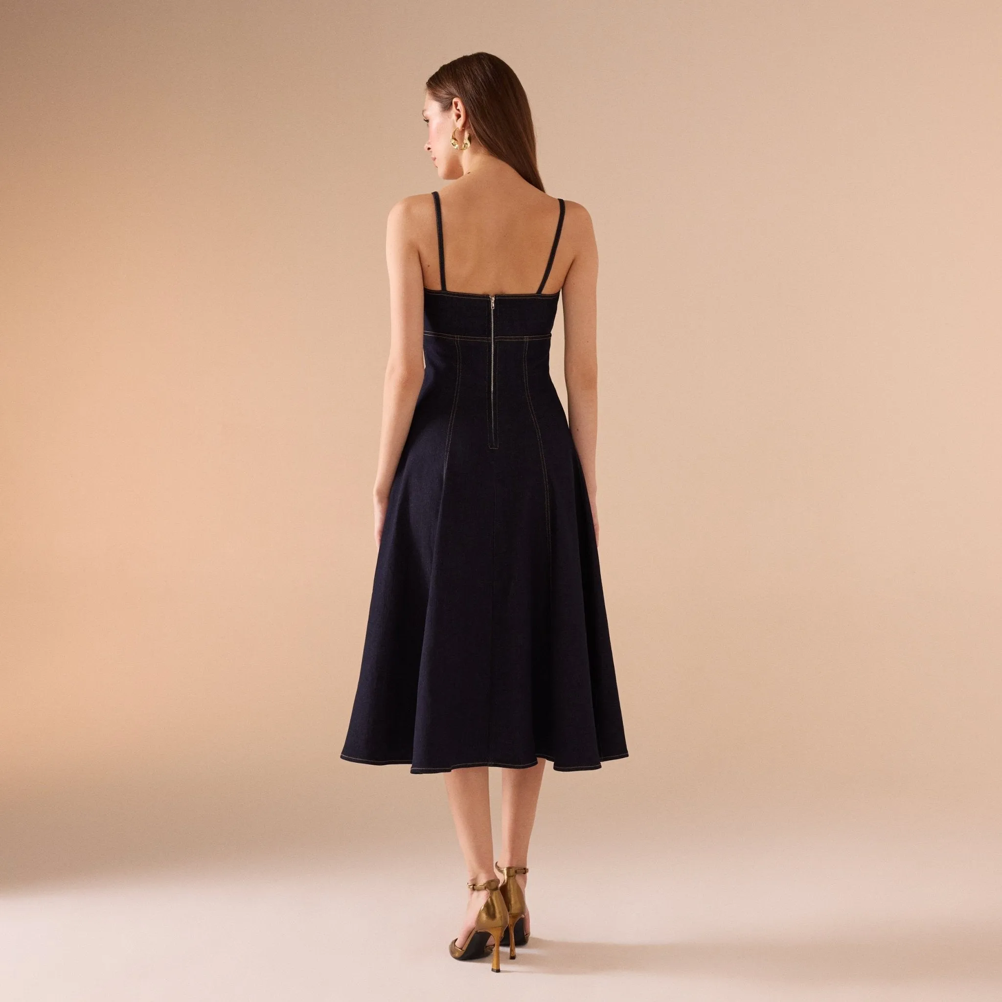 Strapped A-line Black Denim Midi Dress