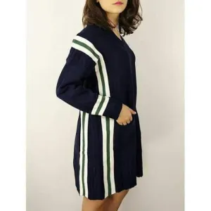 Striped V Neck Knit Sweater Dress - Cadetblue One Size