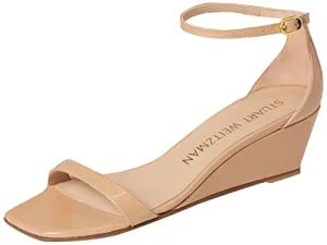Stuart Weitzman Nudistcurve 50 Wedge Heels for Women - Leather Upper, Square-Toe with Thin Strap, and Adjustable Ankle Strap Adobe 8.5 B