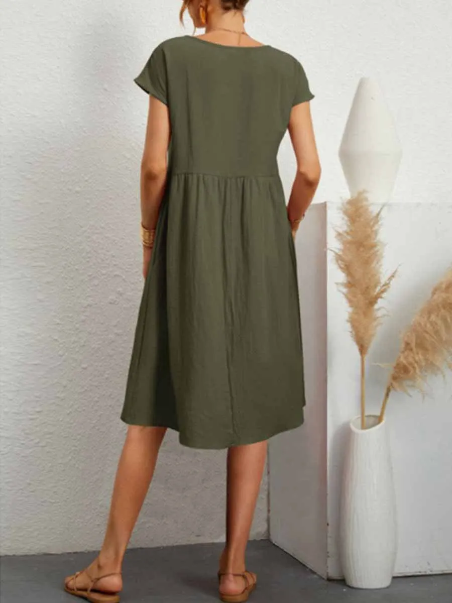 Stunncal Casual Solid Patchwork O Neck A Line Short Sleeve Dress(11 Colors)