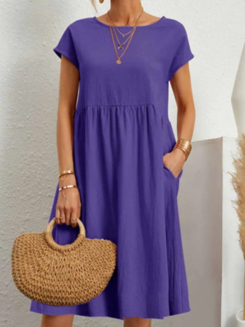 Stunncal Casual Solid Patchwork O Neck A Line Short Sleeve Dress(11 Colors)