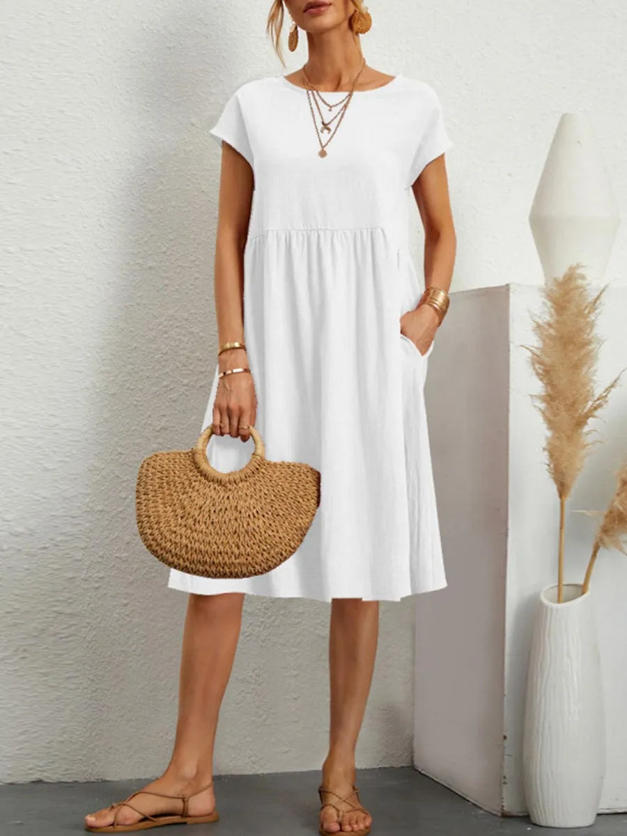 Stunncal Casual Solid Patchwork O Neck A Line Short Sleeve Dress(11 Colors)