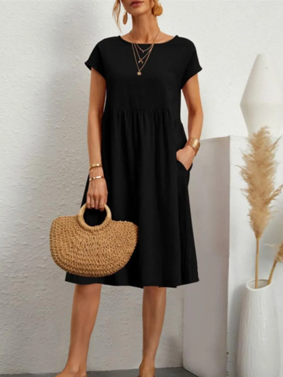 Stunncal Casual Solid Patchwork O Neck A Line Short Sleeve Dress(11 Colors)