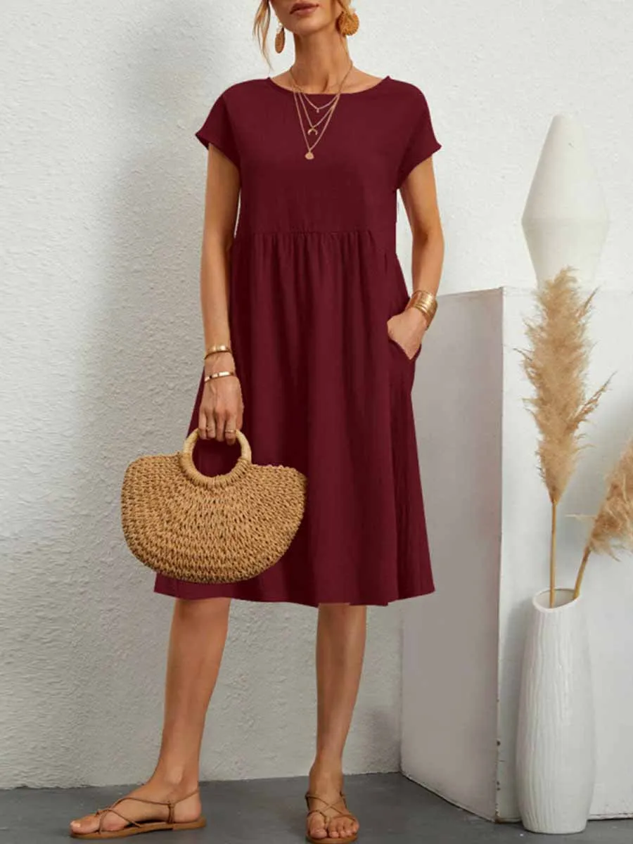 Stunncal Casual Solid Patchwork O Neck A Line Short Sleeve Dress(11 Colors)