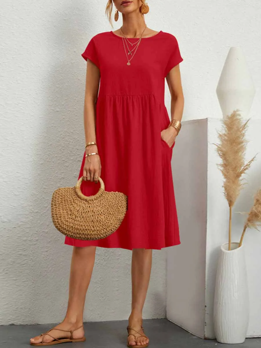 Stunncal Casual Solid Patchwork O Neck A Line Short Sleeve Dress(11 Colors)