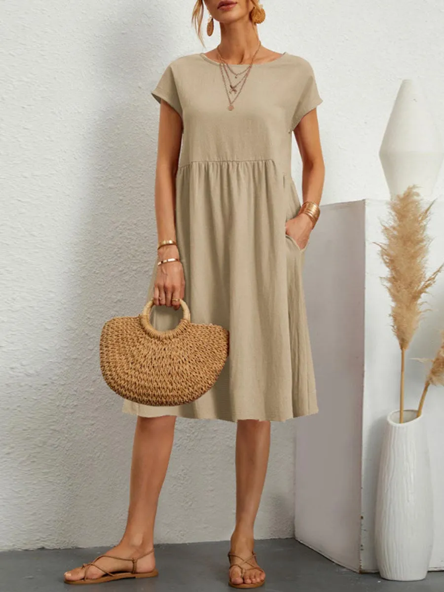 Stunncal Casual Solid Patchwork O Neck A Line Short Sleeve Dress(11 Colors)