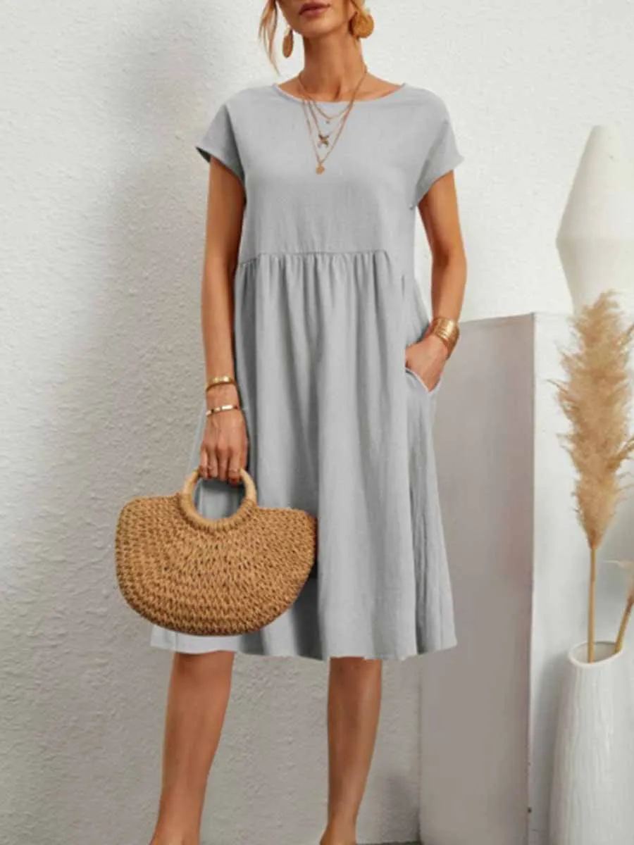 Stunncal Casual Solid Patchwork O Neck A Line Short Sleeve Dress(11 Colors)