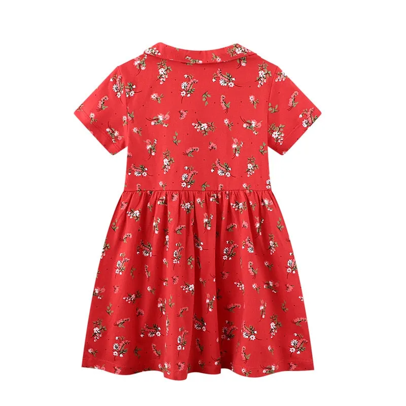 Summer Baby Girls Flower Print Casual Cotton Dress - Red