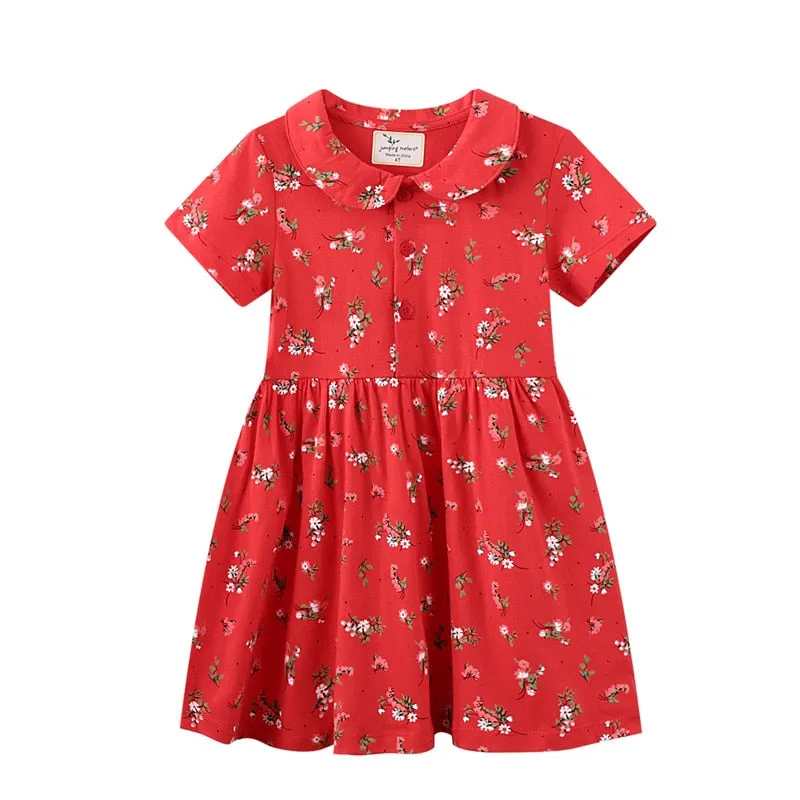 Summer Baby Girls Flower Print Casual Cotton Dress - Red