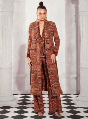 Tangerine byzantine print trench coat