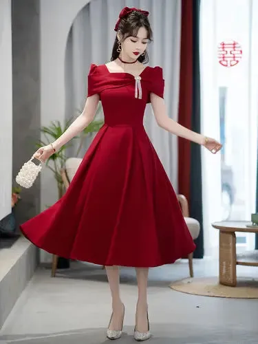 Temperament Robe Women's Solid Color Spring Summer New Square Collar Long Sleeve  A-line Long Dresses Fashion Female Vestidos