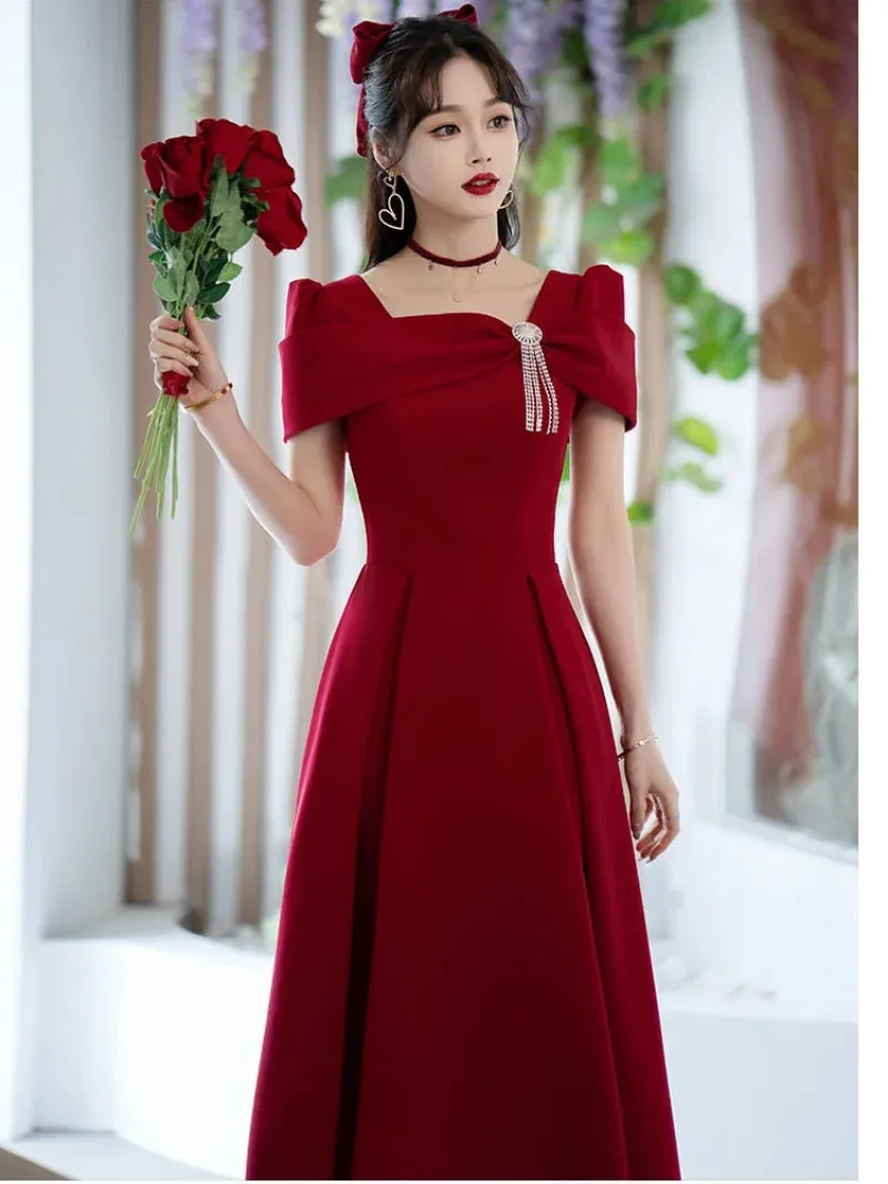 Temperament Robe Women's Solid Color Spring Summer New Square Collar Long Sleeve  A-line Long Dresses Fashion Female Vestidos