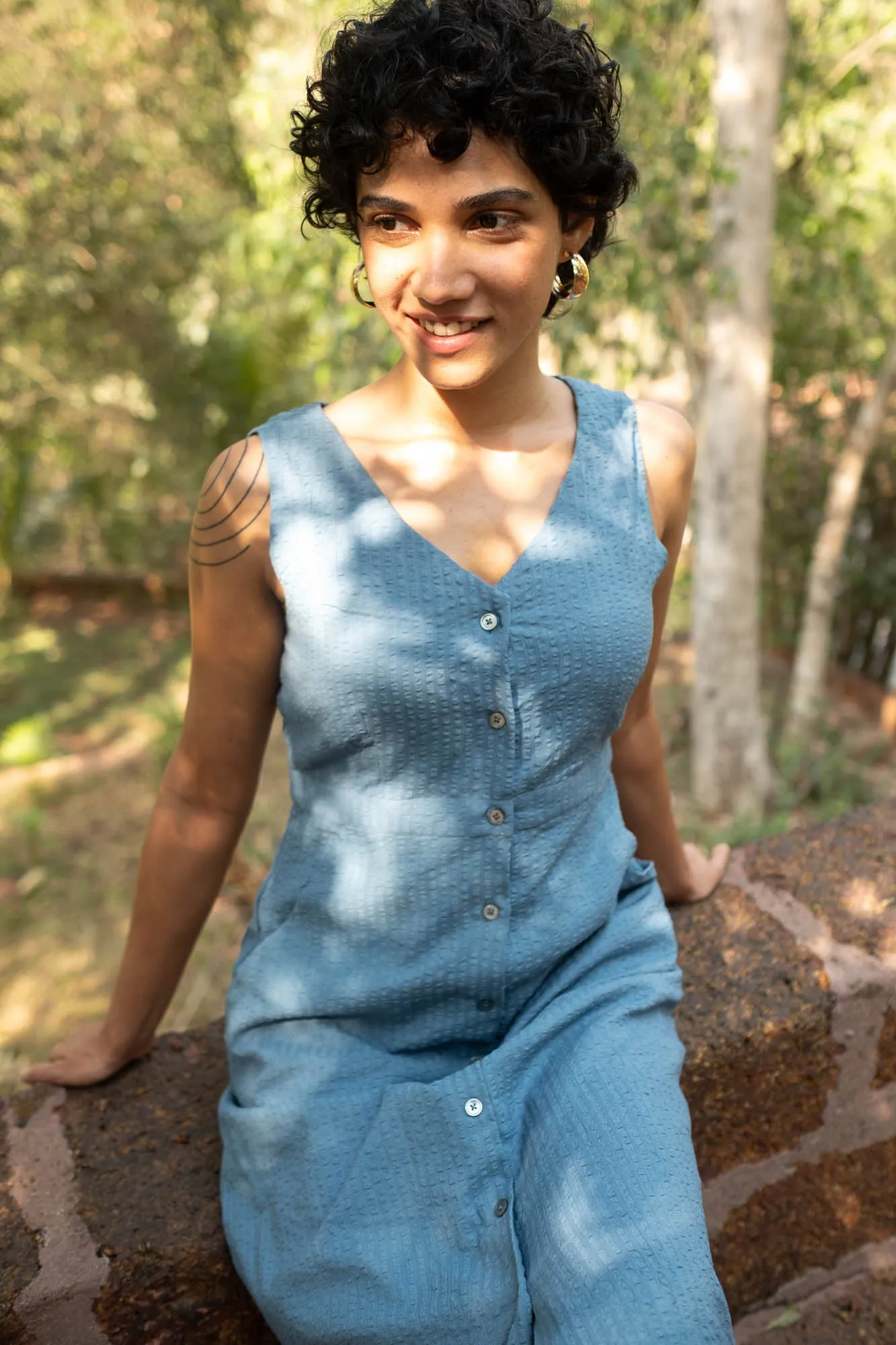 The Seersucker V Neck Dress with Buttons