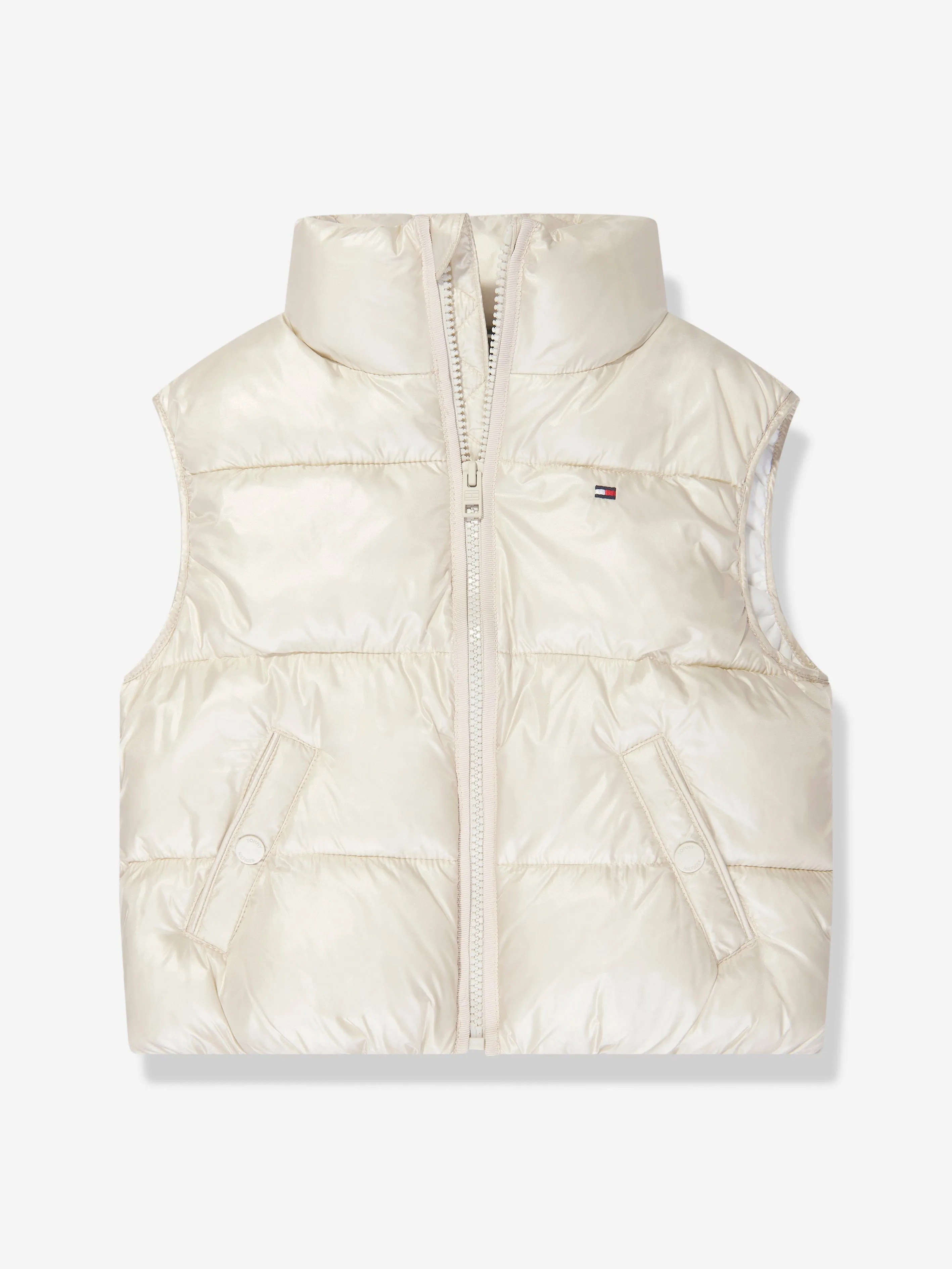 Tommy Hilfiger Girls Glossy Short Puffer Vest in Beige
