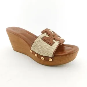 TORY BURCH TERRI WOOD WEDGE LOGO BROWN LEATHER SLIDE HEELS WOMEN 8 natural linen