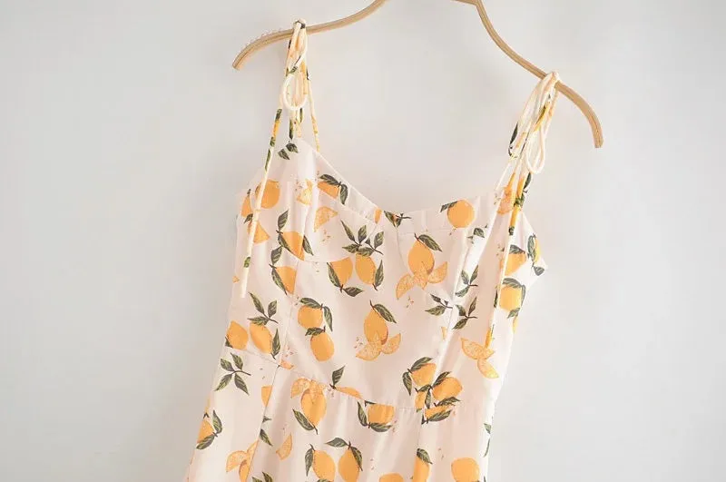 Tube Top Lace-up Lemon Floral Split Midi Dresses
