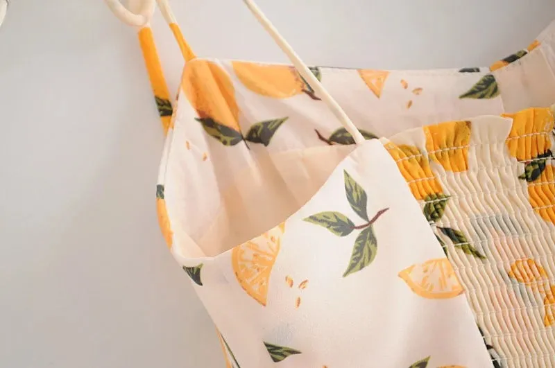 Tube Top Lace-up Lemon Floral Split Midi Dresses