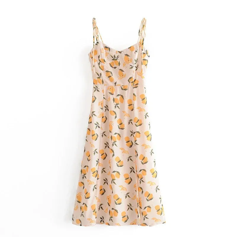 Tube Top Lace-up Lemon Floral Split Midi Dresses