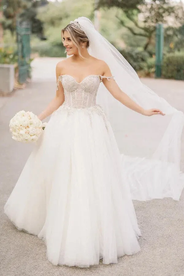 Tulle A-line Beaded Sweetheart Neck Wedding Dresses, Bridal Gowns, MW911