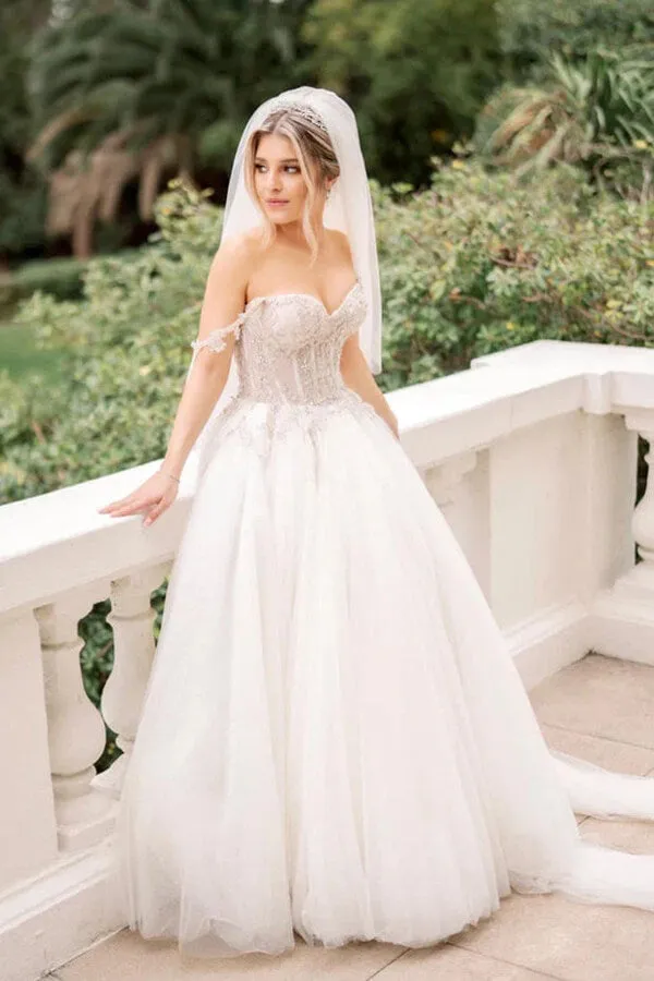 Tulle A-line Beaded Sweetheart Neck Wedding Dresses, Bridal Gowns, MW911