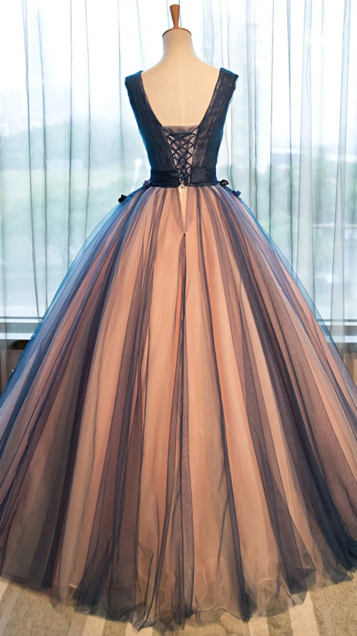 Tulle V Neck With Applique A Line Long Prom Dresses