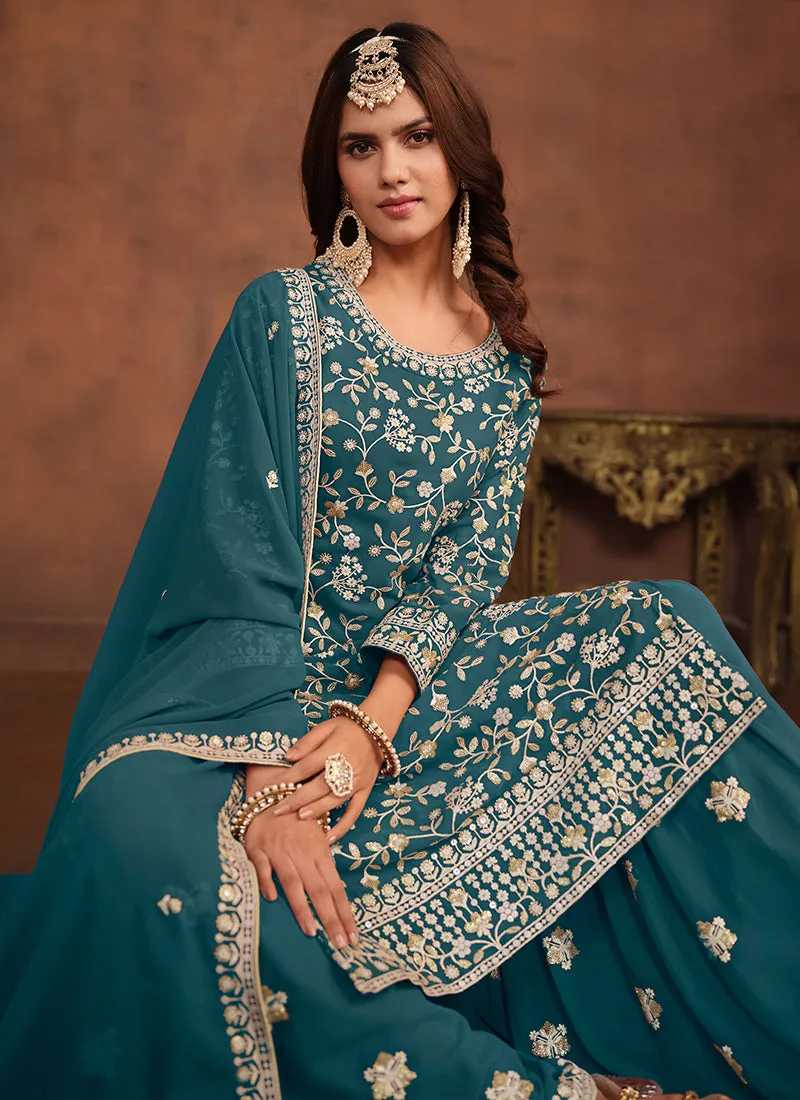 Turquoise Traditional Georgette Gharara Suit