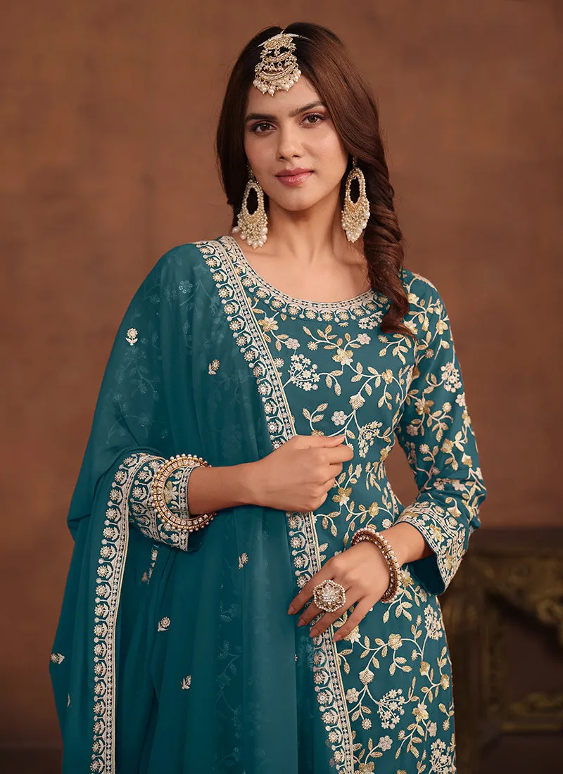 Turquoise Traditional Georgette Gharara Suit