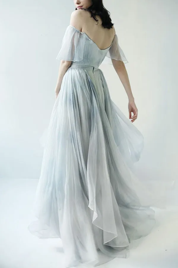 Unique Grey Blue Off-the-Shoulder Long Prom Dresses, Wedding Dresses, SW363