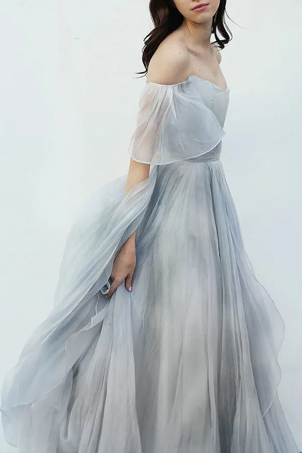 Unique Grey Blue Off-the-Shoulder Long Prom Dresses, Wedding Dresses, SW363