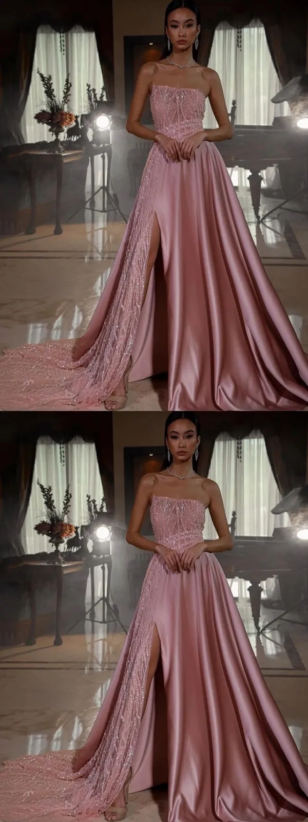 Unique Pink A-line Strapless High Slit Long Prom Dresses Online,12838