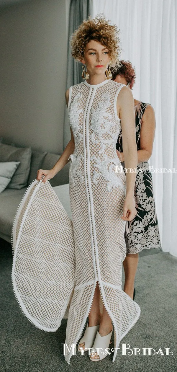 Unique Round Neck Lace Mermaid Long Cheap Wedding Dresses, WDS0015
