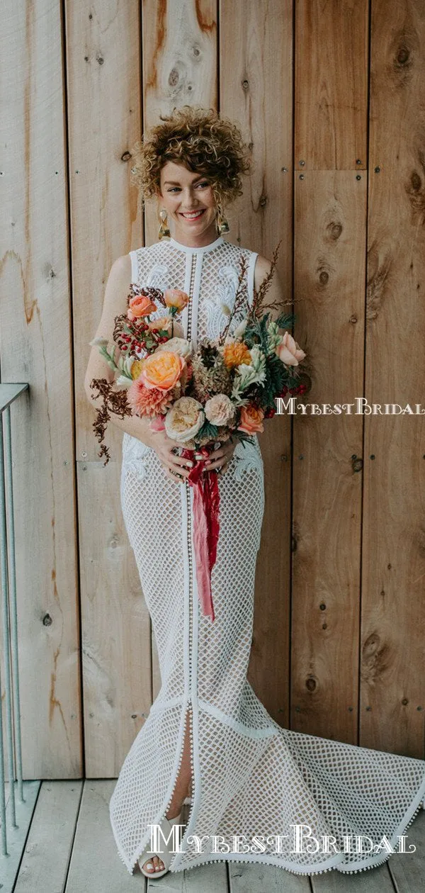 Unique Round Neck Lace Mermaid Long Cheap Wedding Dresses, WDS0015