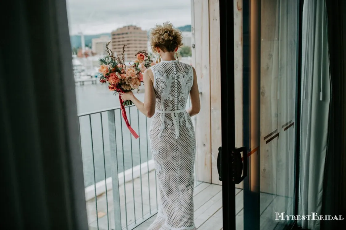 Unique Round Neck Lace Mermaid Long Cheap Wedding Dresses, WDS0015