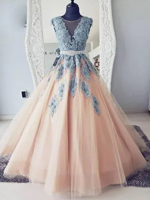 V-neck Blue Lace Ball Gown Long Evening Prom Dresses,Cheap Prom Dresses,PDY0500
