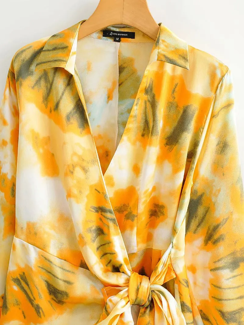 V-neck Pile Collar Lace-up Tie Dye Mini Dresses