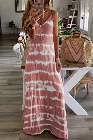 V Neck Spaghetti Strap Tie Dye Casual Maxi Dress