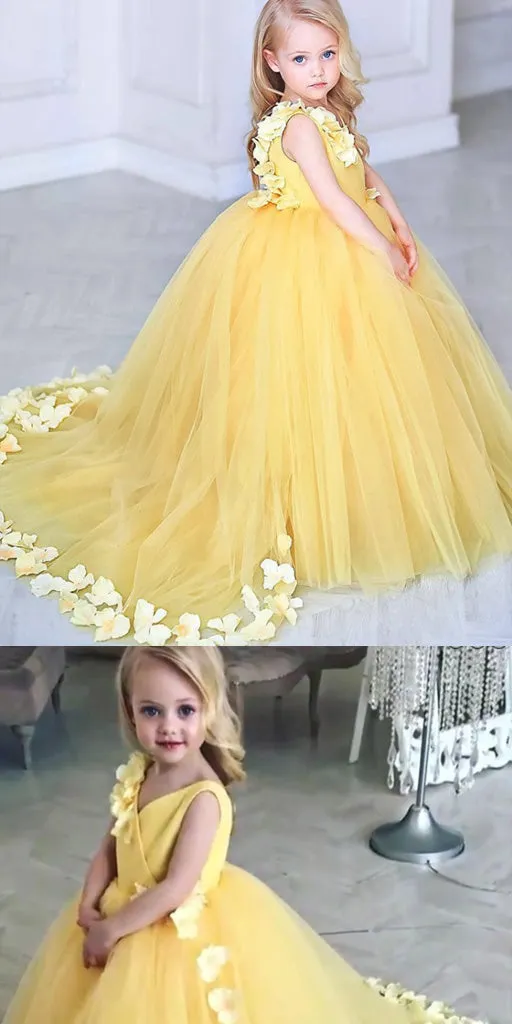 V-Neck Sweep Train Yellow Tulle Flower Girl Dress with Flowers,Cheap Flower Girl Dresses ,FGY0237