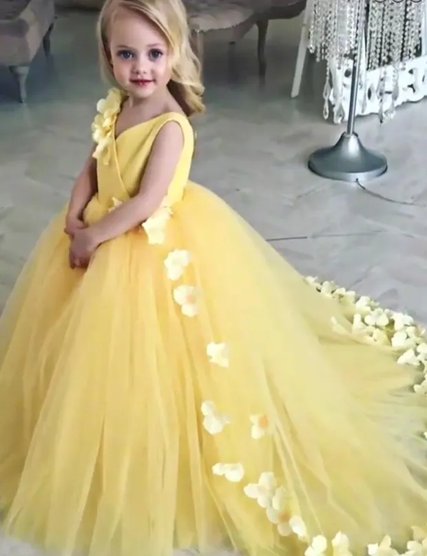 V-Neck Sweep Train Yellow Tulle Flower Girl Dress with Flowers,Cheap Flower Girl Dresses ,FGY0237
