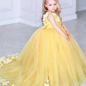 V-Neck Sweep Train Yellow Tulle Flower Girl Dress with Flowers,Cheap Flower Girl Dresses ,FGY0237