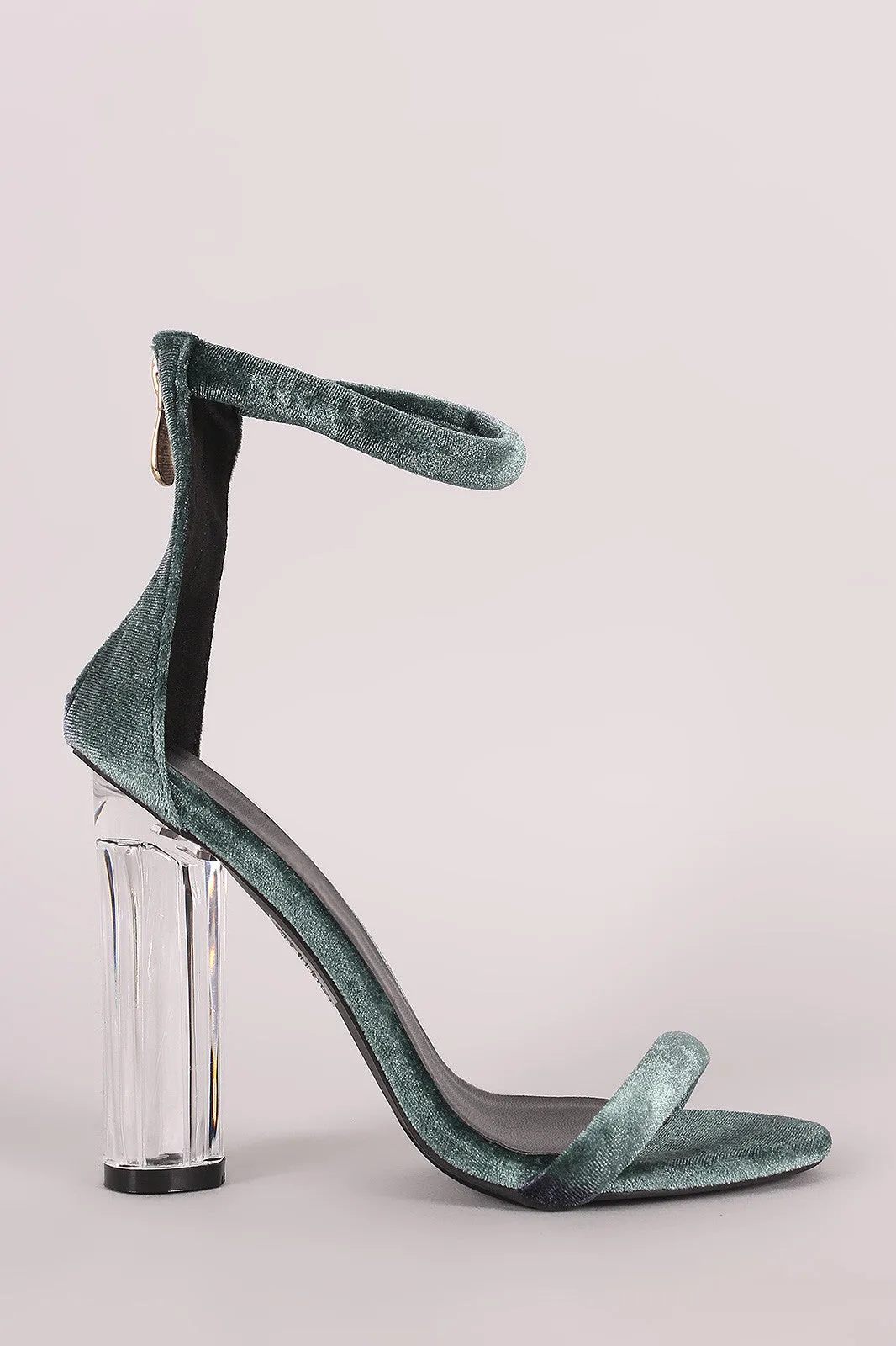 Velvet Ankle Strap Rounded Perspex Heel