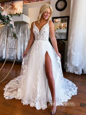 White Applique V neck Wedding Dresses With Split Cheap Bridal Gowns EWR460