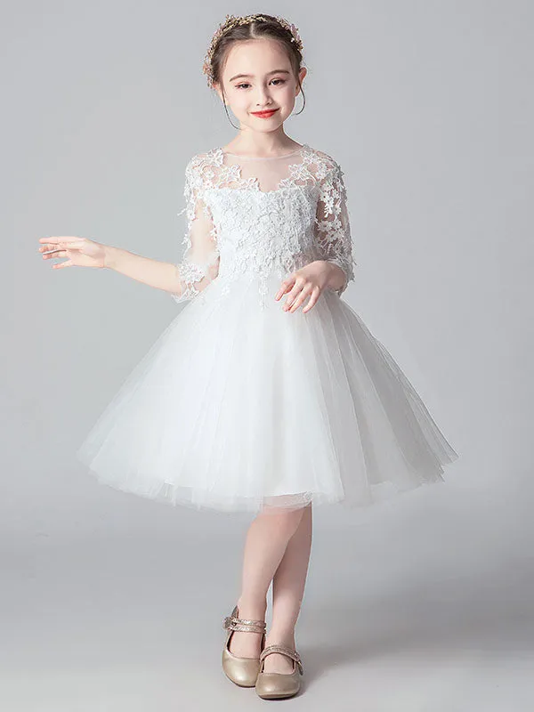 White Jewel Neck Cut Out Formal Kids Pageant flower girl dresses