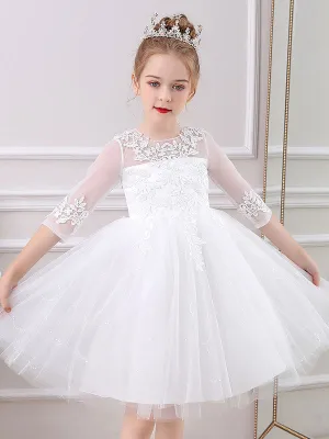 White Jewel Neck Lace Half Sleeves Silhouette Bows Short Princess Dress Kids Social Party Dresses