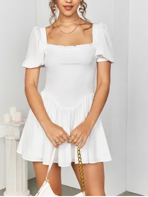White Puff Sleeve Square Neck Backless Mini Dress