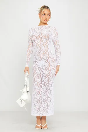 White Sheer Lace Long Sleeve Bodycon Maxi Dress