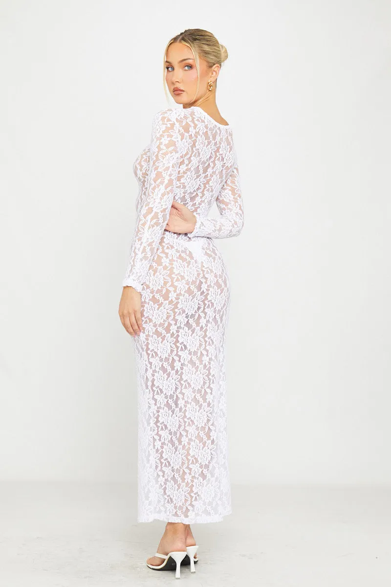 White Sheer Lace Long Sleeve Bodycon Maxi Dress