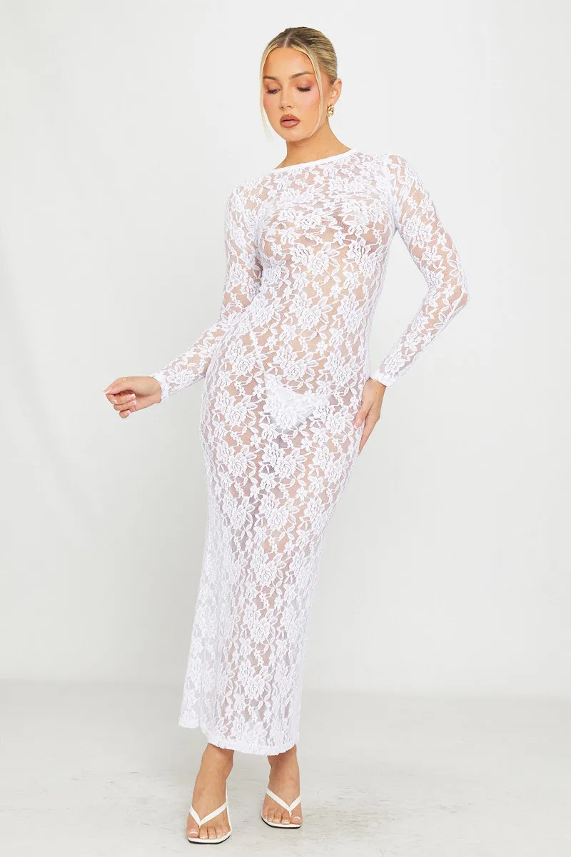 White Sheer Lace Long Sleeve Bodycon Maxi Dress