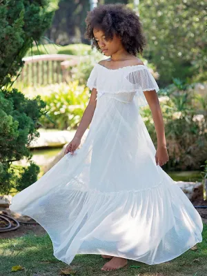 White V-Neck Lace Short Sleeves Floor-Length A-Line Applique Kids Social Party Dresses