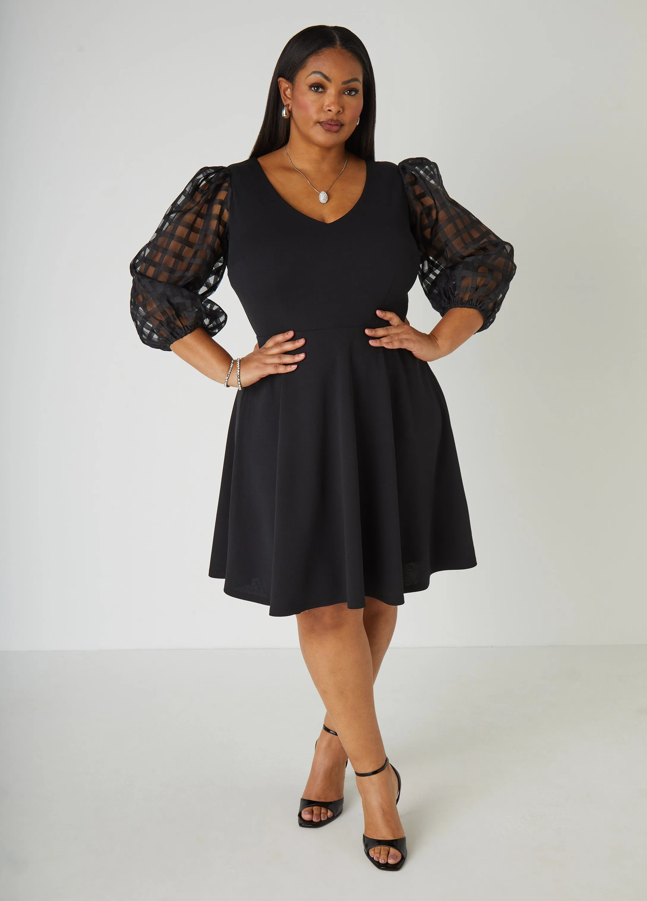 Windowpane Sleeved A Line Dress