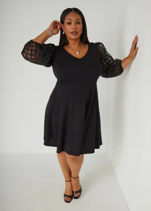 Windowpane Sleeved A Line Dress